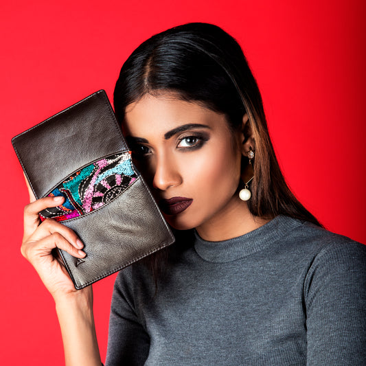 Maheejaa Genuine Leather-Kantha Women's Bi-fold Wallet - Dark Brown