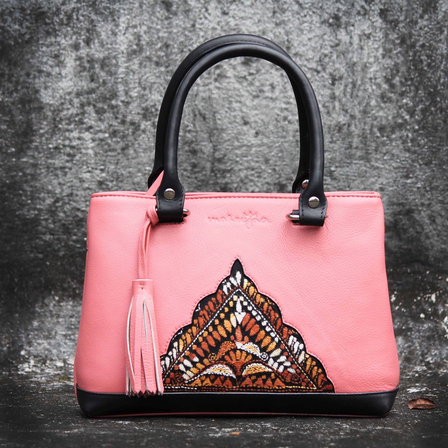 Leather Embroidery Mini Bag with Sling - Hot Pink