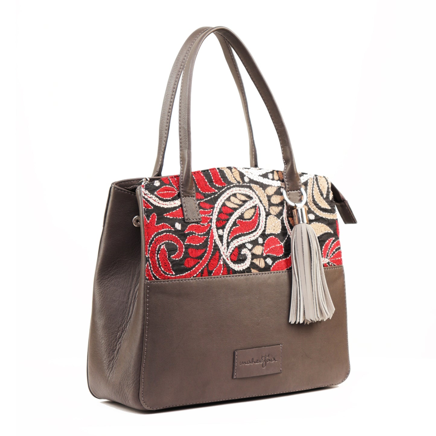 Genuine Leather-Kantha Handcrafted Tote Bag Women (Grey)
