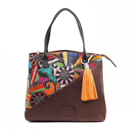 Genuine Leather-Kantha Handcrafted Tote Bag Women (Chocolate Brown)