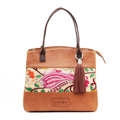 Genuine Leather-Kantha Handcrafted Tote Bag Women (Tan)