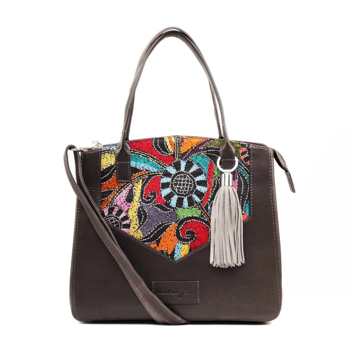 Genuine Leather-Kantha Handcrafted Tote Bag Grey
