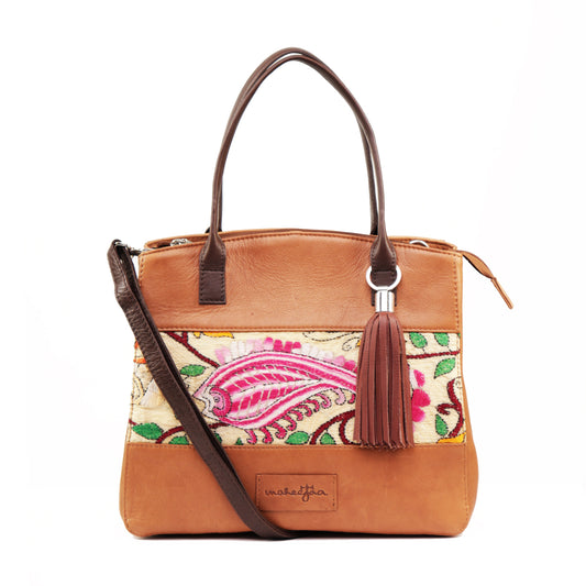 Genuine Leather-Kantha Handcrafted Tote Bag Women (Tan)