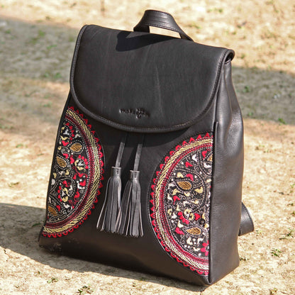 Leather Embroidery Semi-Chakras Backpack - Soft Black