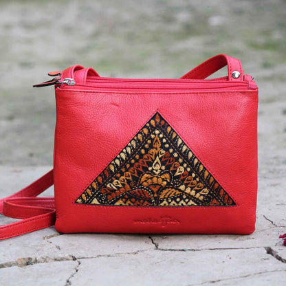 Leather Embroidery Red Sling - Triple Pouch