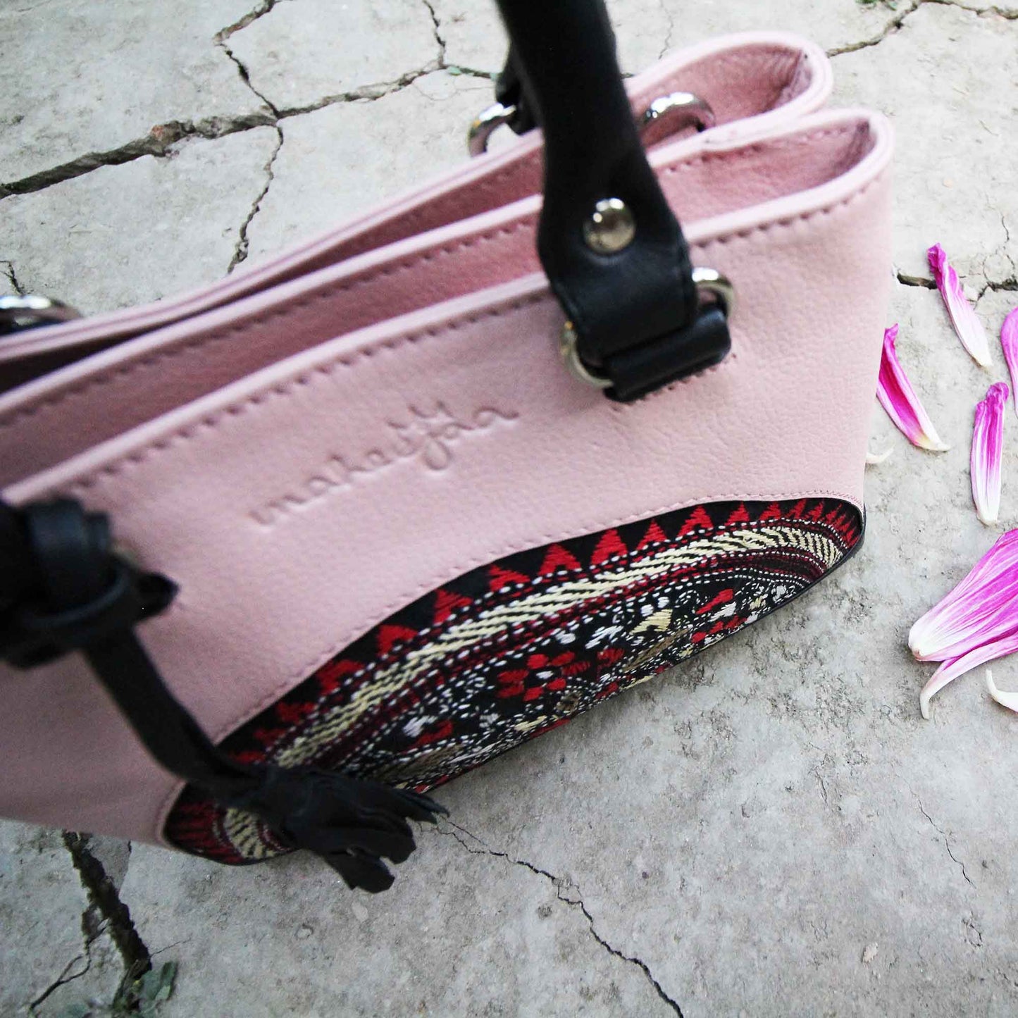 Leather Embroidery Mini Bag with Sling - Baby Pink