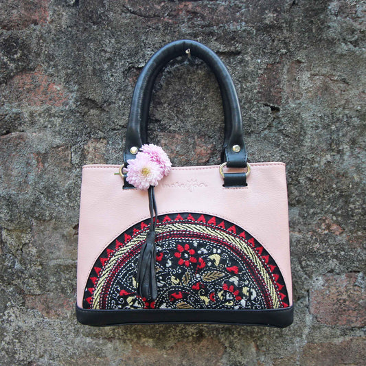 Leather Embroidery Mini Bag with Sling - Baby Pink