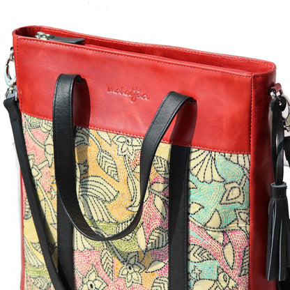Leather Embroidery Red Tote with Sling