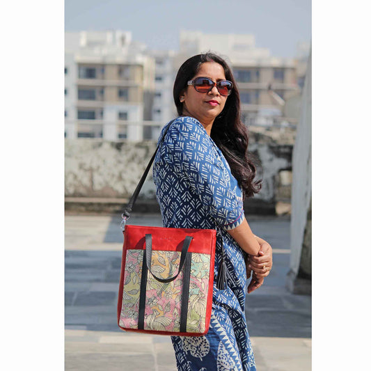 Leather Embroidery Red Tote with Sling