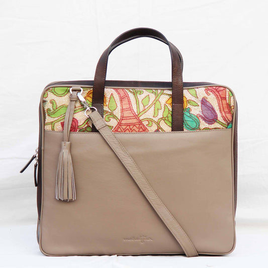 Leather Embroidery Laptop Bag - Creme and Brown