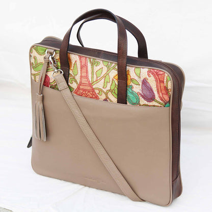 Leather Embroidery Laptop Bag - Creme and Brown