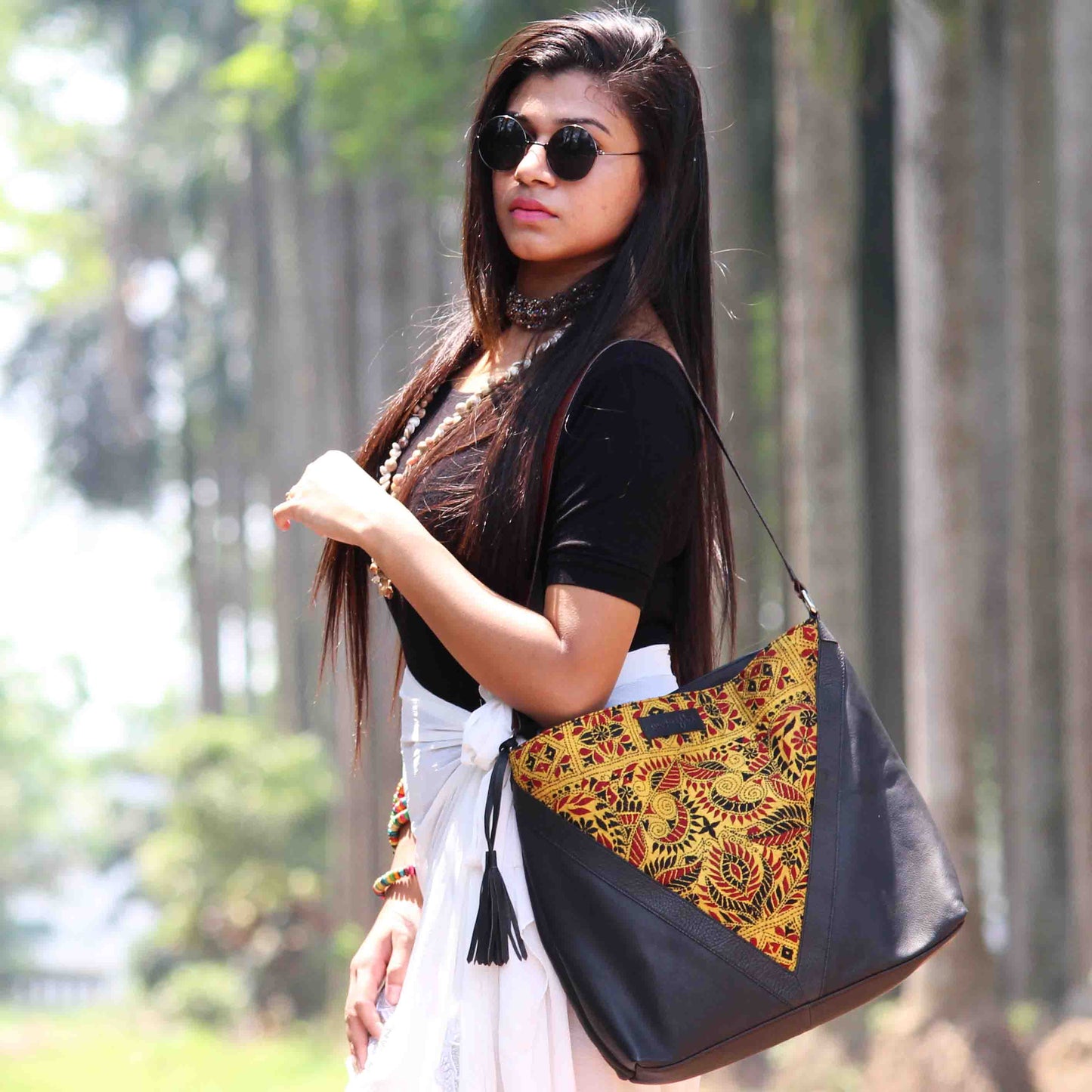 Genuine Leather-Kantha Handcrafted Hobo Bag (Yellow Black)