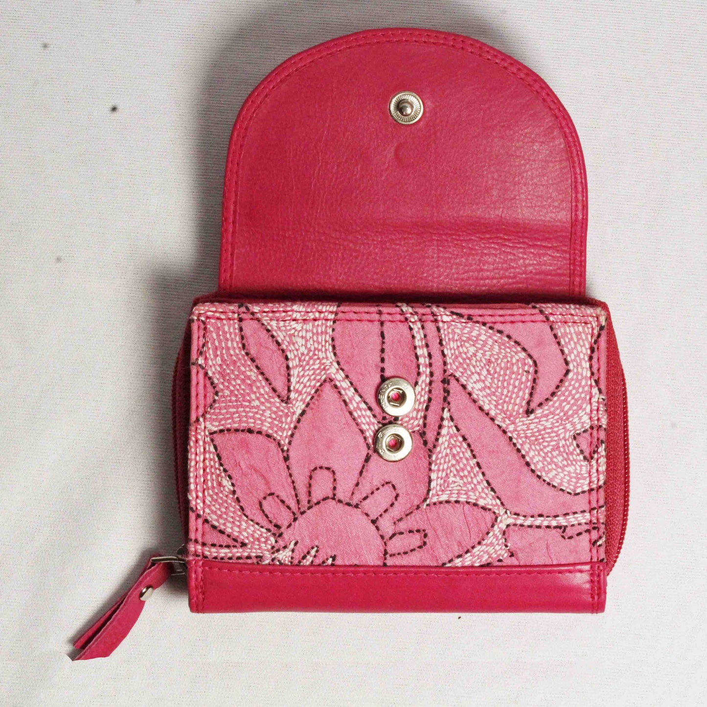 Genuine Leather-Kantha Handcrafted Wallet Women (Pink)