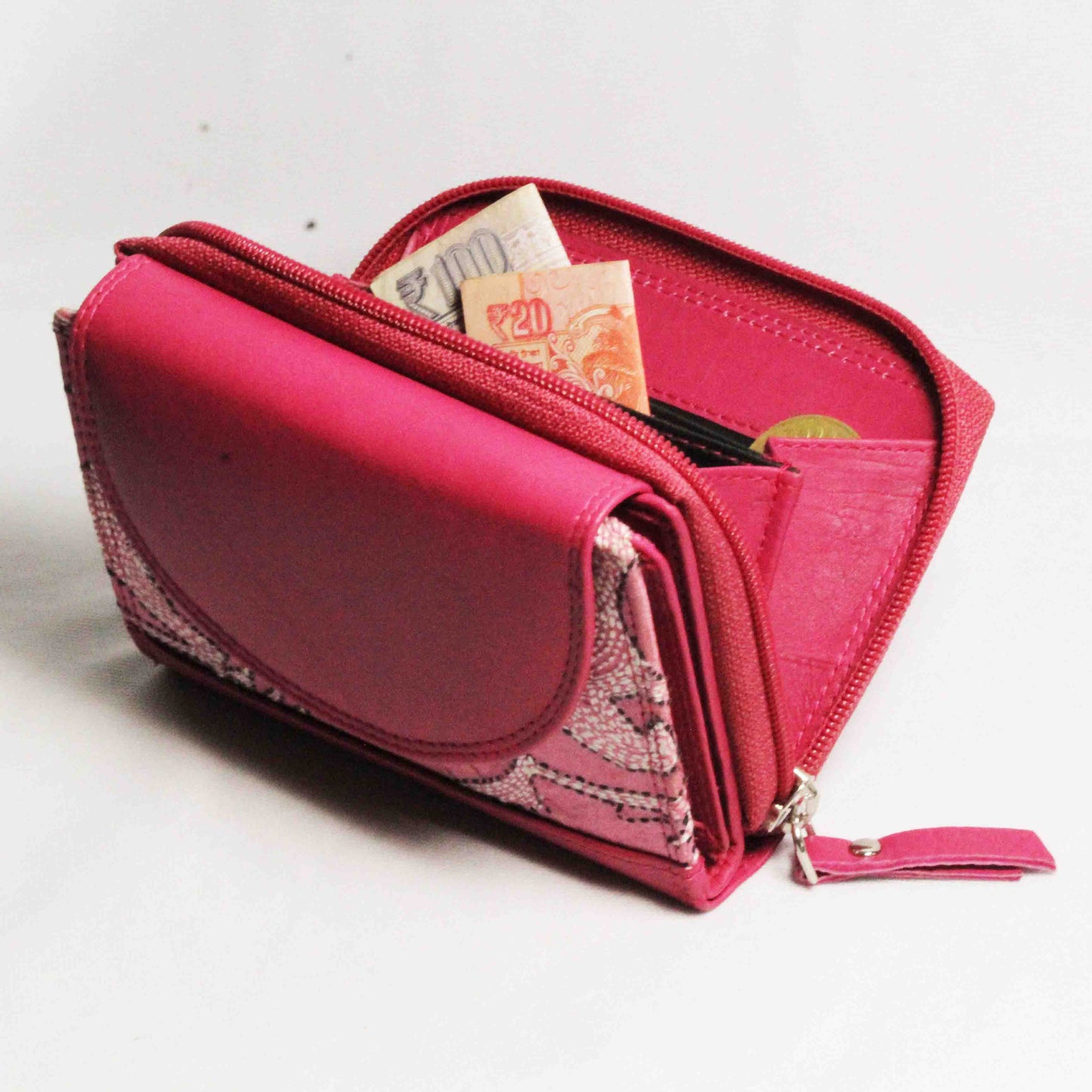 Genuine Leather-Kantha Handcrafted Wallet Women (Pink)