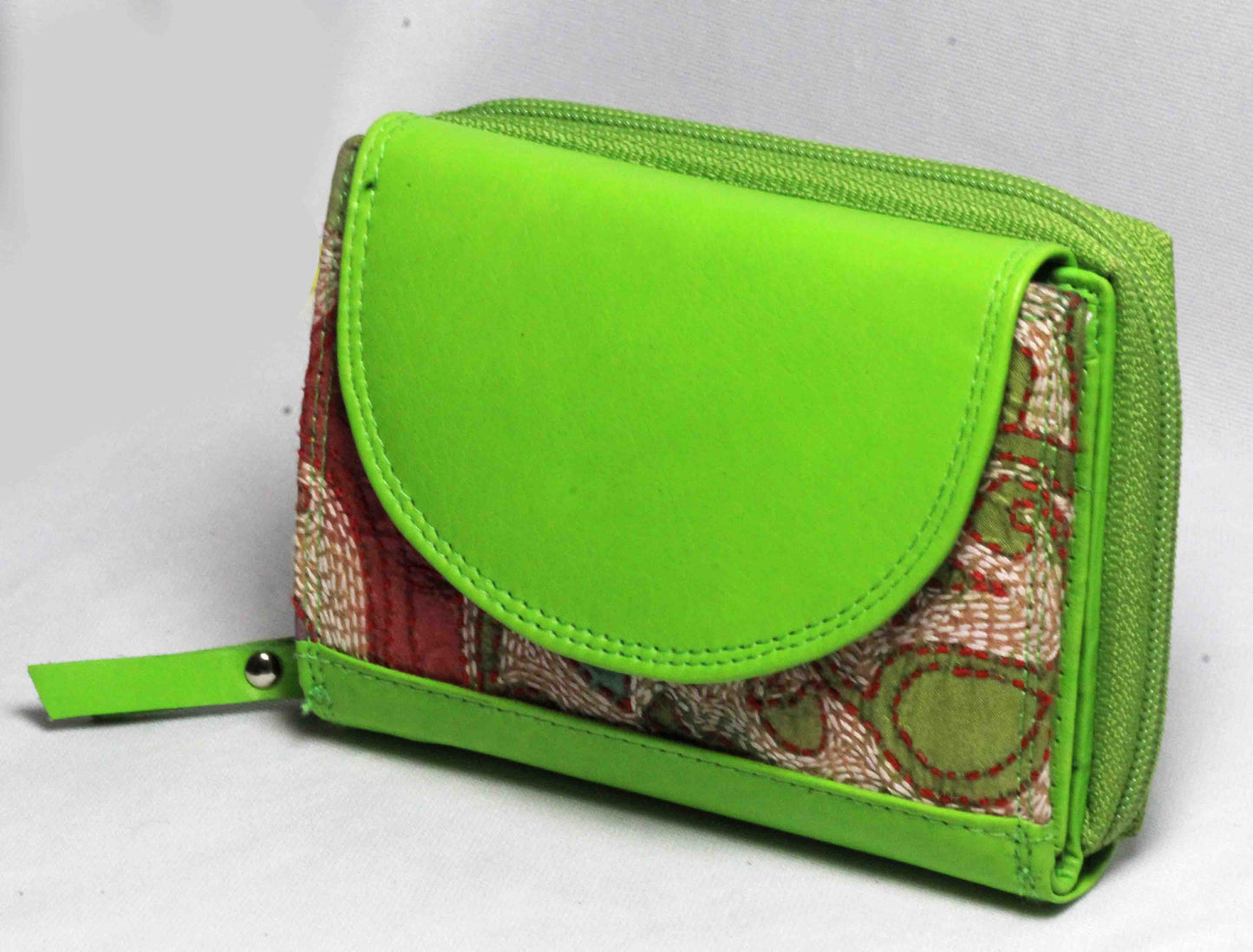 Genuine Leather-Kantha Handcrafted Wallet Women (Lime)