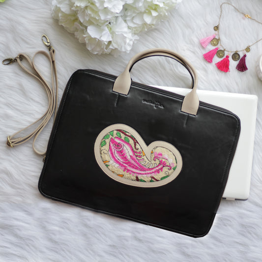 Genuine Leather-Kantha Handcrafted Portfolio Bag (Black)