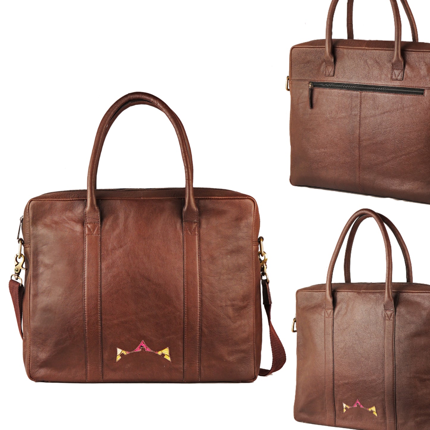 Genuine Leather-Kantha Handcrafted Unisex Laptop Bag (Brown)