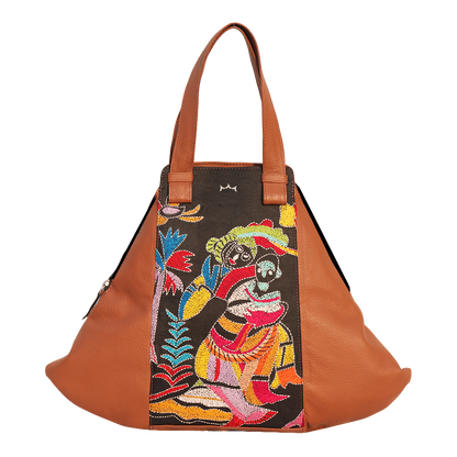 Leather Embroidery Patachitra Tote Handbag - Brown