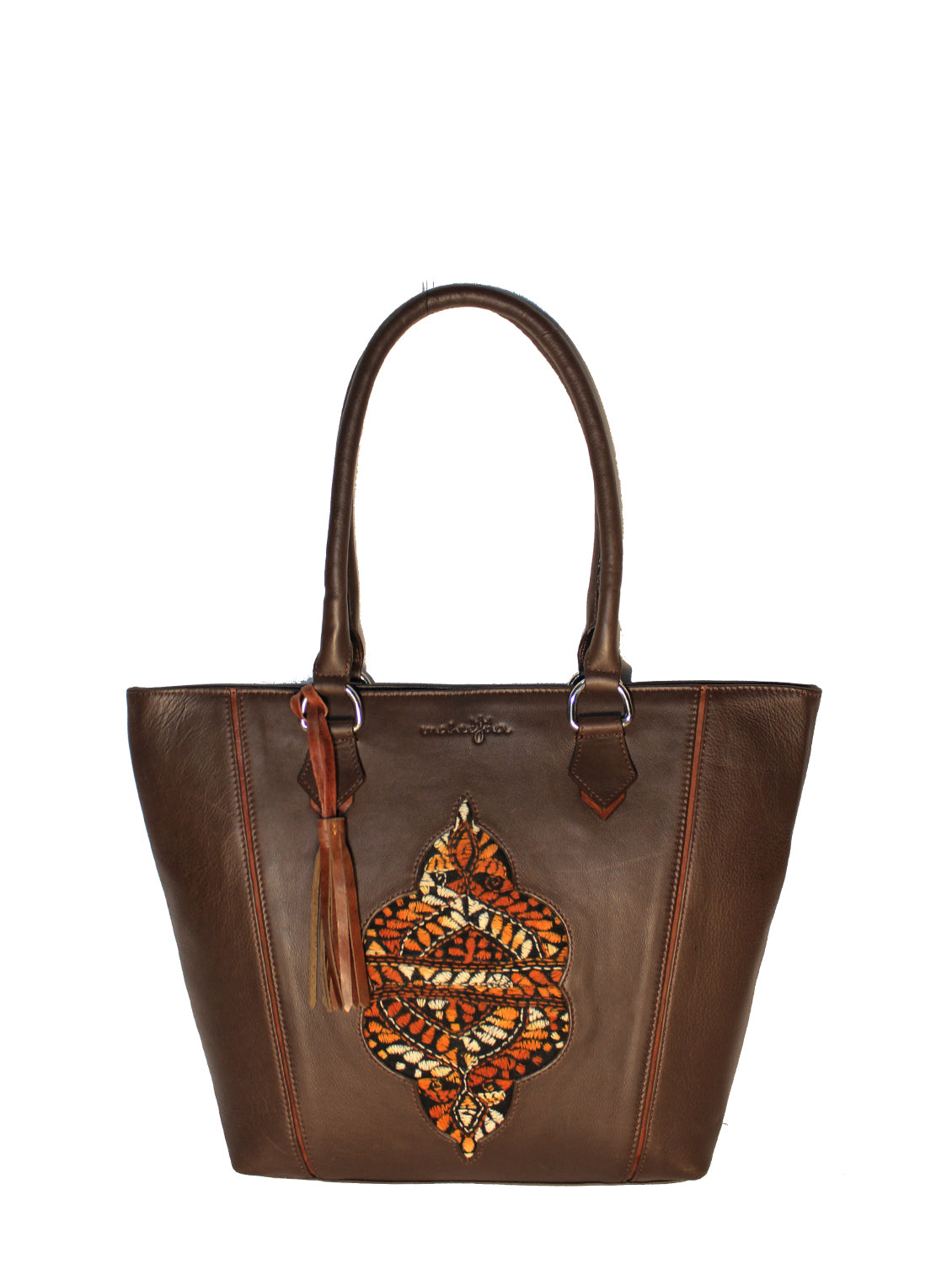 Genuine Leather-Kantha Handcrafted Bohemian Tote Bag (Brown)