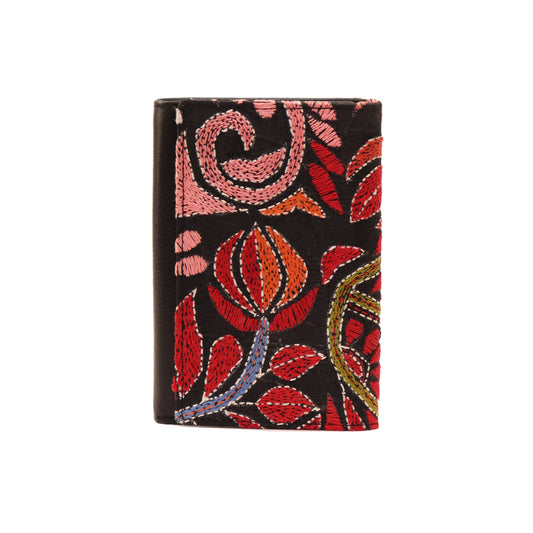 Maheejaa Leather-Kantha Handcrafted Women's Tri-fold Wallet - Black
