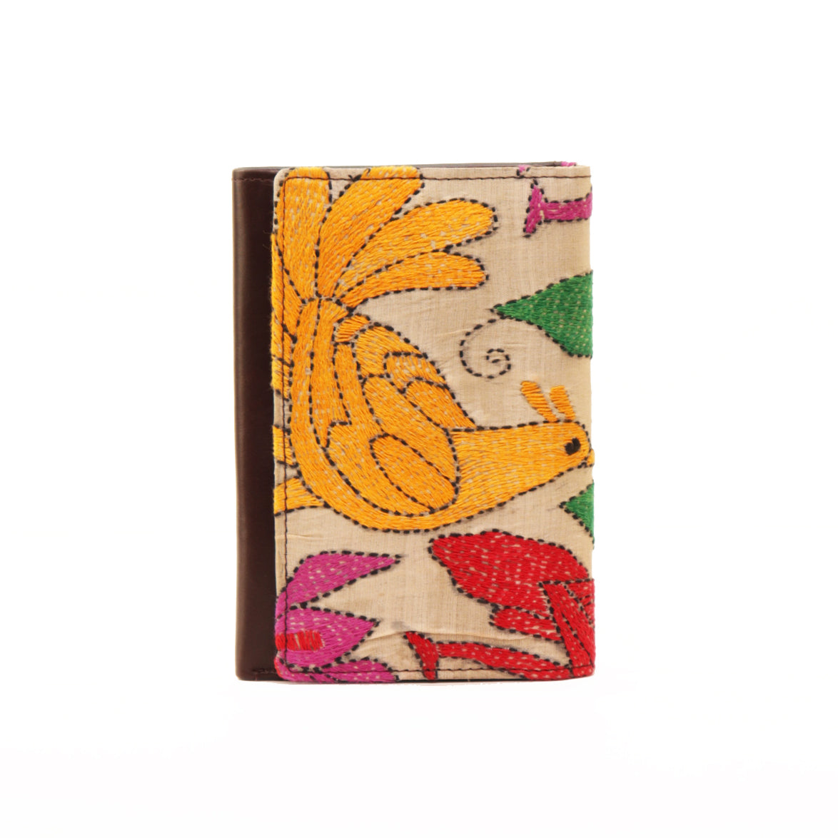 Maheejaa Leather-Kantha Handcrafted Women's Tri-fold Wallet - Chocolate Brown