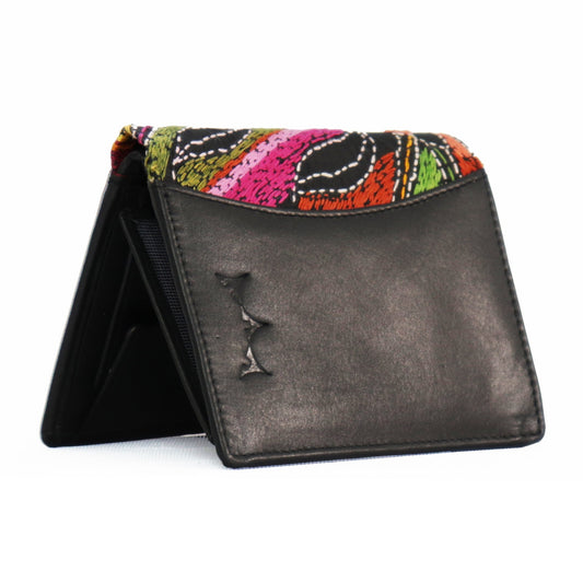 Maheejaa Genuine Leather-Kantha Women's Bi-fold Wallet - Black