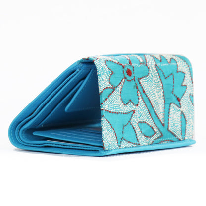 Maheejaa Leather-Kantha Handcrafted Women's Flap Wallet - Vibrant Blue