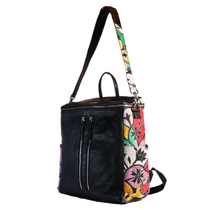 Leather embroidery Multi-way Backpack - Black