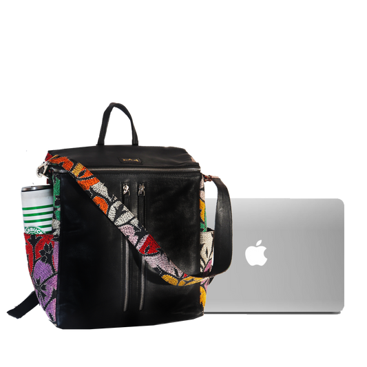 Leather embroidery Multi-way Backpack - Black
