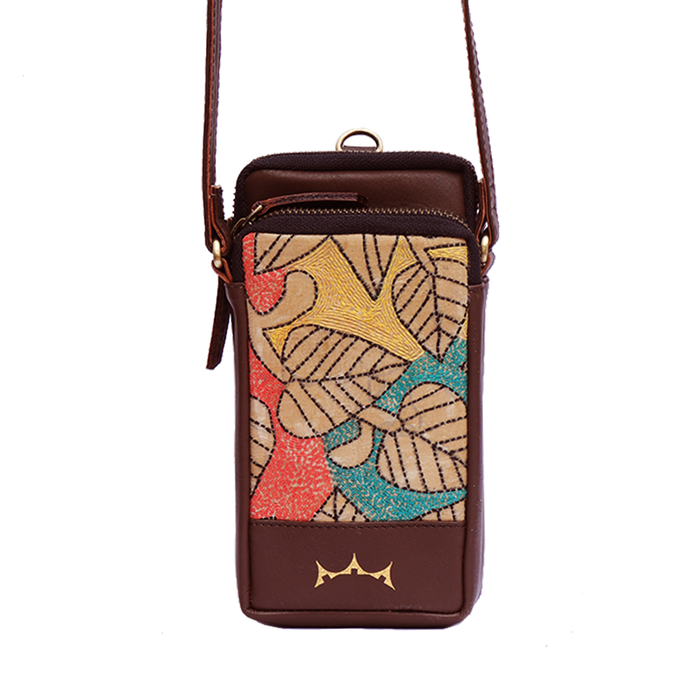 Leather Embroidery Mobile Sling - Black/Brown