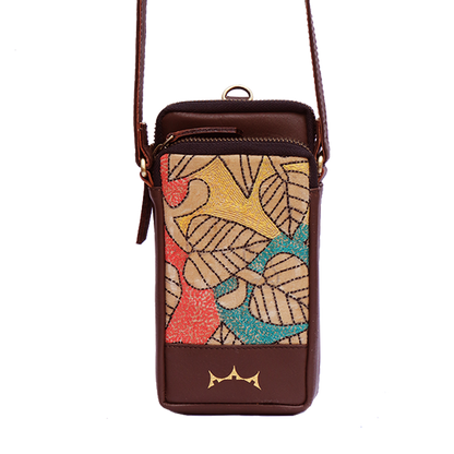 Leather Embroidery Mobile Sling - Brown