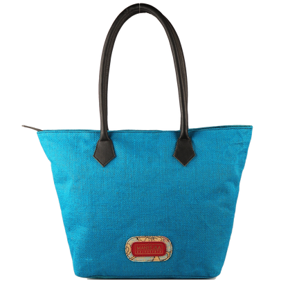 Jute Bag with Leather Handles - Blue