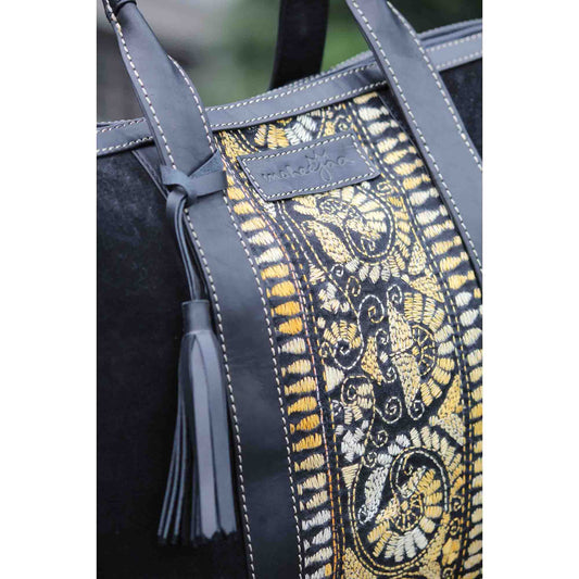 Suede Leather Embroidery Duffle/Weekender Sling Bag - Black