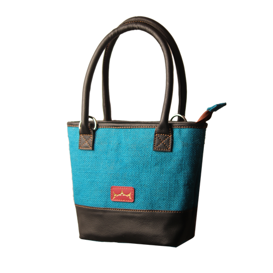 Tiny Tote Bag Jute and Leather - Blue